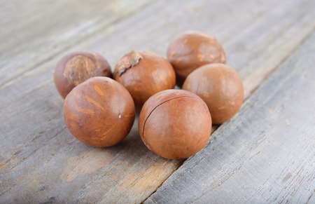 unshelled macadamia nut on wooden tableの写真素材