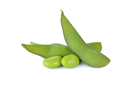 boiled Japanese green soybeans (Edamame-Japanese text) on white backgroundの写真素材