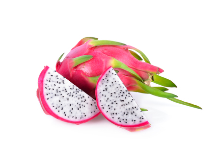 whole and cut fresh dragon fruit on white backgroundの写真素材