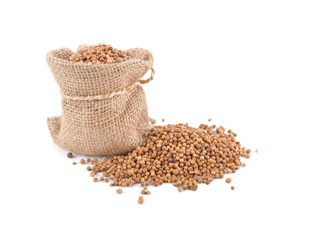 dried coriander seeds in sack and on white backgroundの写真素材