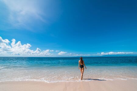 Tourist destination-Bali, Indonesia. A young tourist girl walks on an empty beach on the island of Bali. A sexy girl in a black swimsuit is photographed from behind walking barefoot on the sand towards the ocean.の写真素材
