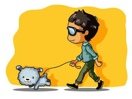 A boy walking with dogのイラスト素材