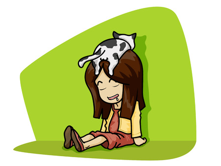 Illustration of sleeping girl and her cat climb on her head のイラスト素材