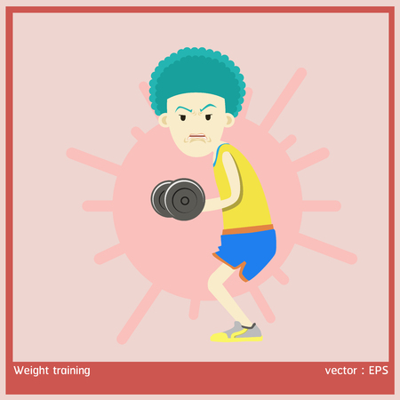 vector illustration boy is exercise by weight trainingのイラスト素材