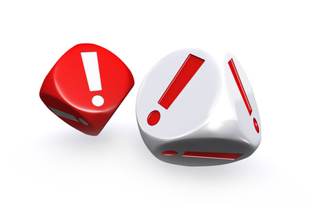 Red and white exclamation mark dices on white background