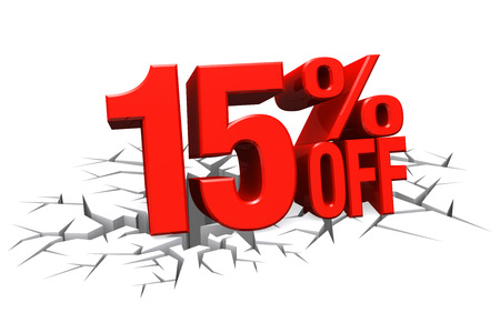3D render red text 15 percent off on white crack hole background with reflection 