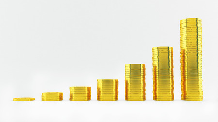 Stack of golden coins isolated on white background.の写真素材