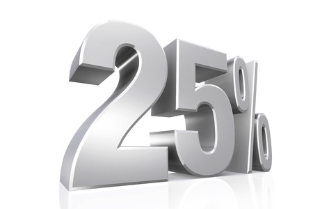 3D render text in 25 percent in silver on white background with reflection.