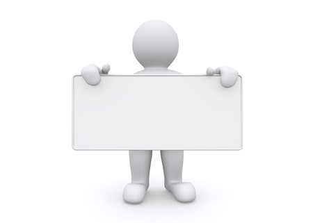 3d white man holding empty board on white background, with clipping path.の写真素材