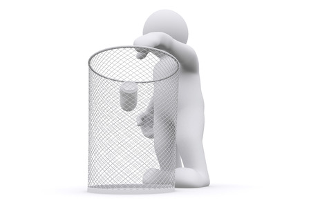3d white man throwing can in garbage, isolate on white with clipping path.の写真素材