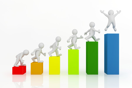 3d white man character and business graph isolated on white with clipping path, business concept.の写真素材