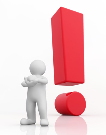 3d white man and red exclamation mark standing out isolated on white with clipping path.の写真素材