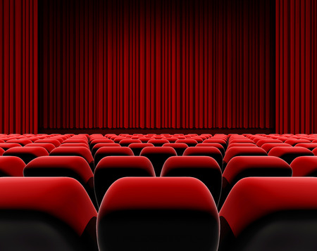Cinema or theater screen, red curtain and stage with seats.の写真素材