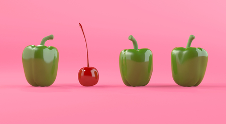 Red Cherry out standing from green pepper, Creative Idea.の写真素材