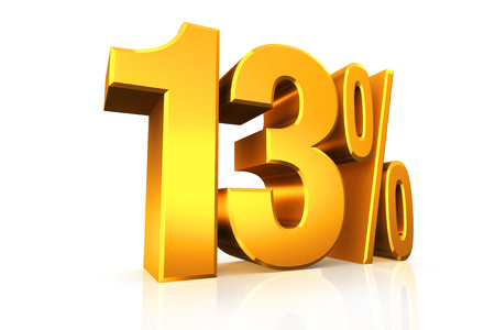 3D render 13 percent text in gold on white background with reflection and path.の写真素材
