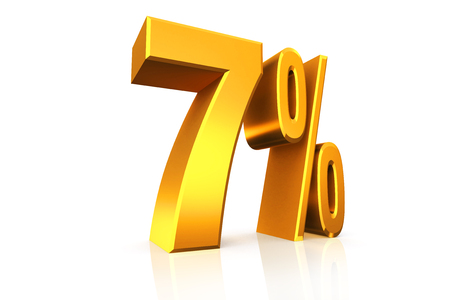 3D render 7 percent text in gold on white background with reflection and path.の写真素材
