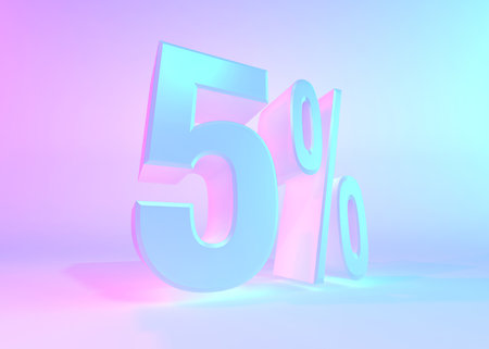 3D render text in 5 percent on white background with reflection.の写真素材