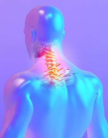 3D illustration, neck painful skeleton x-ray, medical concept.の写真素材
