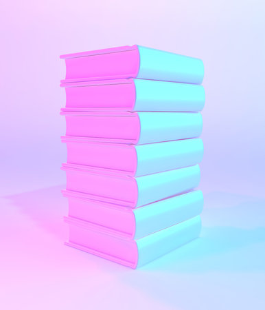 3D illustration of stack of books, holographic lighting.の写真素材