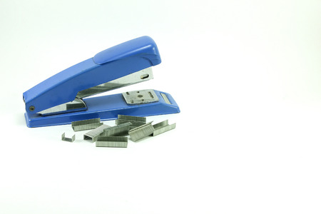 Blue Stapler with staples wires on white background
