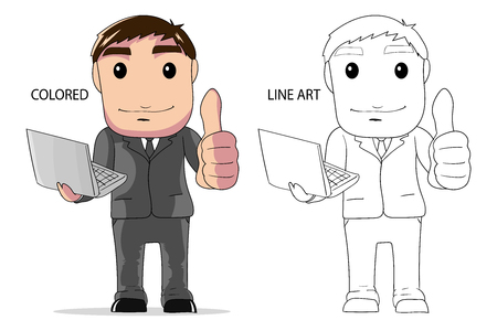 vector illustration businessman hold laptop and thumbs up posesのイラスト素材
