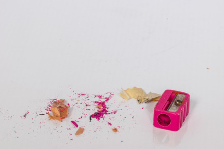 Pink sharpener and garbage of pink pencil, white backgroundの写真素材