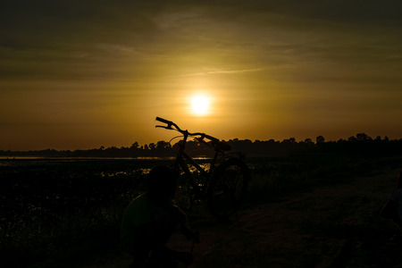 Bicycle parking in river and plant flower in the evening, sunshine backgroundの写真素材
