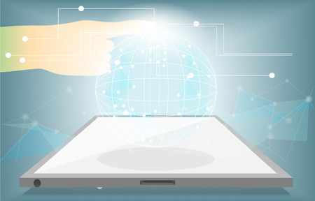 Touch the future planet,data technology digital flow pass internet global on mobile phone and tablet,with blue background,network connection digital data concept,vector art and illustration.のイラスト素材