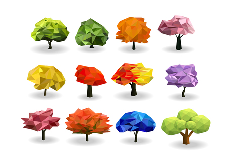 Abstract 12 set tree low polygon  colorful summer and spring season vector,isolated white background,triangle , geometric design,nature colorfully background tree objected,vector art and illustrationのイラスト素材