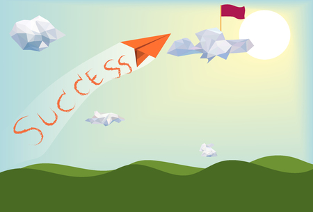 Go to success,paper plane flying above green landscape with low poly white clouds and sunny background,blue sky backdrop,creative success business leadership concept,vector art and illustration.のイラスト素材