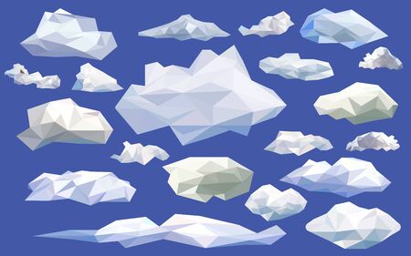 Set white clouds low poly isolated icons with blue background. triangle and geometric shape design. modelling clouds for gaming object, vector art and illustration.のイラスト素材