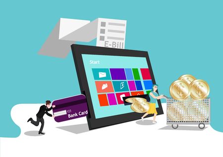 Tablet mobile E-banking online cartoon vector,transfer money pass bank card,receive budget online banking concept,business electronic,cartoon icons,vector art and illustration.のイラスト素材