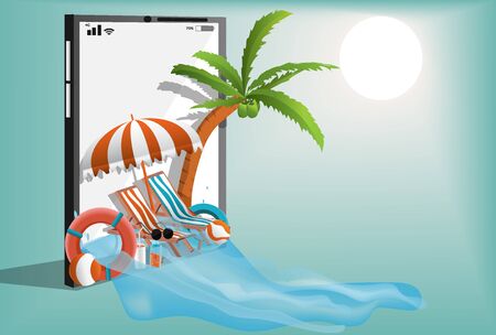 Flat summer, traveling through mobile applications, there are coconut trees, rubber wheels, loungers, umbrellas, sunshades, and drinks. Happy holiday,with mobile background,vector art and illustrationのイラスト素材