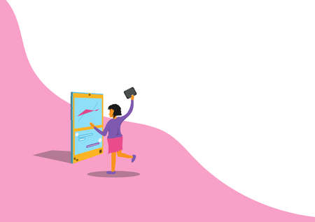 Modern business women work through mobile applications. people business lifestyle concept, vector art and illustrationのイラスト素材