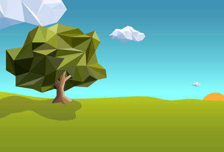 Tree low poly with green grass and blue sky backdrop, nature landscape background template vector or illustration.のイラスト素材