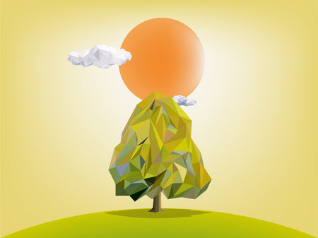 Abstract green tree polygon with sunset and white cloud background, nature landscape concept , growing business idealのイラスト素材