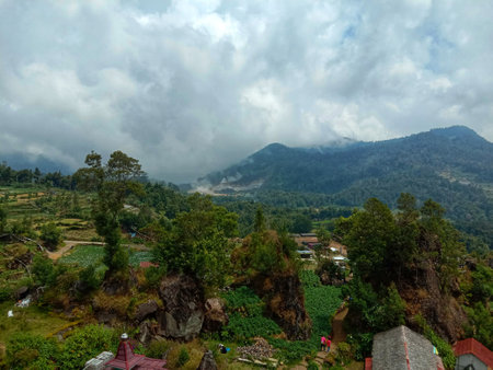 Aerial view of the village in the mountainsの写真素材