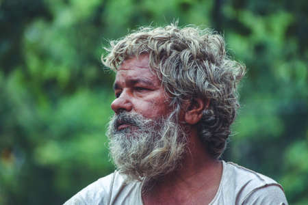 New Delhi, Delhi/ India- May 31 2020:A portrait of an old man with long grown hair and white beardのeditorial素材
