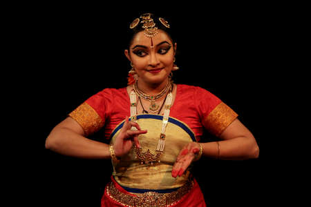 New Delhi, Delhi/India- June 14 2020: A portrait of a bharatnatyam girl dancer, wearing indian traditional dress.のeditorial素材