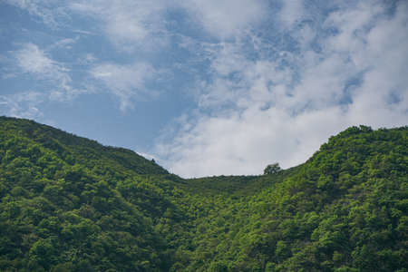 landscape of a green mountain valley covered with clouds.の写真素材