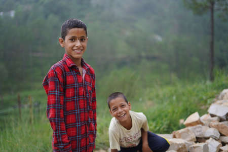 ALMORA, INDIA - SEPTEMBER 06, 2020: Portrait of a pahadi boy with tilak on his forehead. Fun and happy concept.のeditorial素材