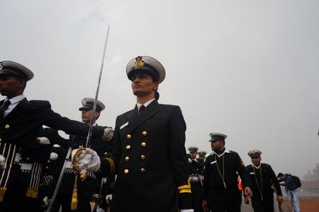 Delhi, New Delhi/ India- January 16 2021: Indian Army, Delhi Police and CRPF battalion rehearsing for Indian Republic Day Parade 2021のeditorial素材
