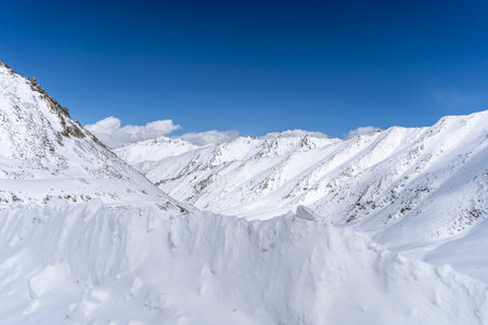 Landscape of Snowy mountain peaks in India. Mountains captured in snow great place for winter...