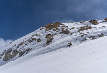 Beautiful mountains covered in snow during the winter season in Ladakh.の写真素材