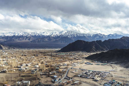 Beautiful landscape of Leh ladakh city from aerial view. City covered with mountains and a cold desert.の写真素材