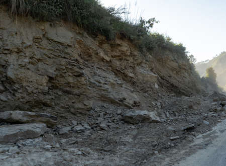 Rocks fall from the mountain. Landslide happened in Uttarakhand. Landslide happened in uttarakhadn after heavy rain.の写真素材