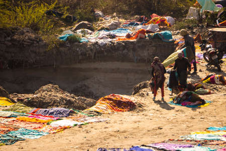 Agra, Uttar Pradesh - 28 January 2022- An aerial view of a dhobi ghat based in agra. People washing...