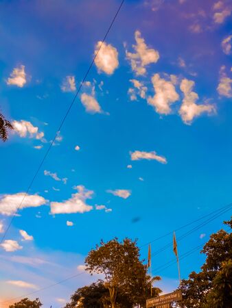 A closeup view of blue sky with green nature viewの写真素材