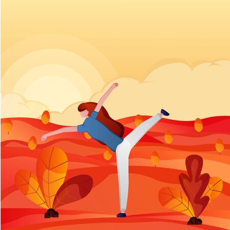Set Of Yoga Posses for Aplication and website. Vector illustration - girl in yoga lotus pose. Park, forest, trees and hills on background. Banner, site, poster template.のイラスト素材
