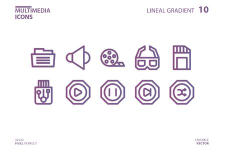10 Icon collection of Multimedia in Lineal Gradient style. vector illustration and editable stroke. Isolated on white background.のイラスト素材